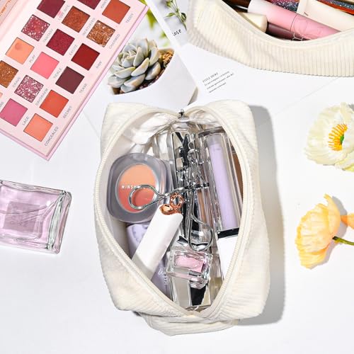SOIDRAM 2 Pack Corduroy Makeup Bag for Women, Beige Makeup Pouch Small Cosmetic Bag Travel Toiletry Organizer for Skincare, Brushes & Essentials - color: Corduroy Beige, size: 2 Pack