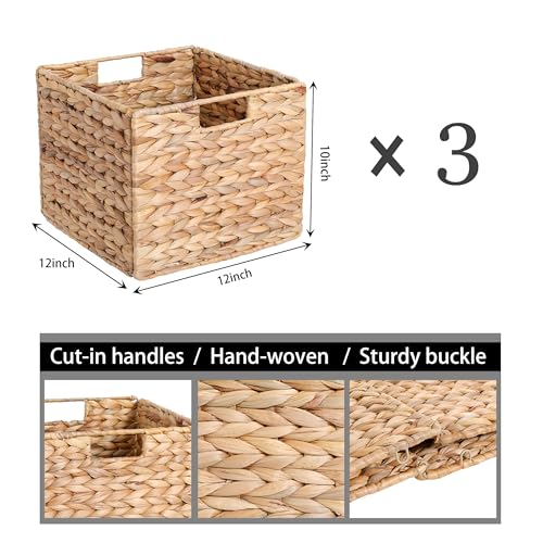 12x12x10in Water Hyacinth Storage Basket Large, Folding Cube Woven Wicker Storage Basket for Shelves, Pantry Baskets Organization and Storage, Kitchen Storage Baskets, Large Rattan Basket Set of 3 - color: Water Hyacinth