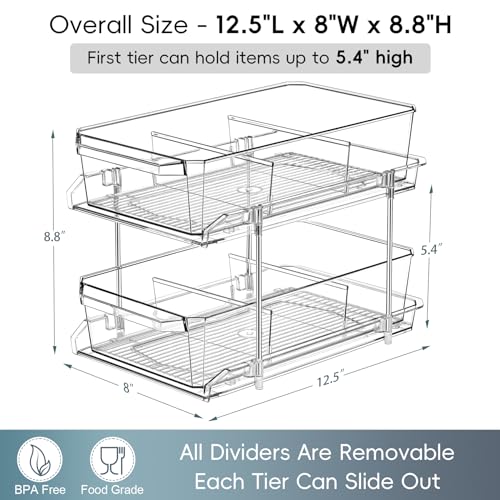 2 Tier Clear Organizer with Dividers for Cabinet, Shlef, Counter - MultiUse Slide-Out Storage Container - Kitchen, Pantry, Medicine Cupboard Bins, Bathroom, Vanity Makeup, Under Sink Organizing - size: 8" W - 1 Set