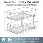 2 Tier Clear Organizer with Dividers for Cabinet, Shlef, Counter - MultiUse Slide-Out Storage Container - Kitchen, Pantry, Medicine Cupboard Bins, Bathroom, Vanity Makeup, Under Sink Organizing - size: 8" W - 1 Set
