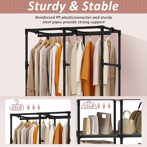 Wardrobe Closet, Quick and Easy Assembly, Gray Portable Closet with 2 Hanging Rods 4 Storage Shelves and Side 8 Pockets, Sturdy and Stable Clothes Rack with Cover, for Bedroom and Dormitory - color: Grey, size: 34 Inch