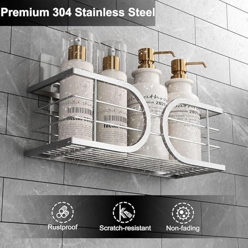 Shower Caddy No Drill Wall Mounted 304 Stainless Steel Durable Large Capacity Adhesive Shower Rack Organiser Quick Dry Rustproof Bathroom Storage Shelves - 2 Pack (Silver) - color: Silver, size: 2 Pack
