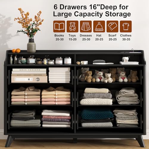 Dresser for Bedroom with 6 Drawers, 55" Large Dresser w/Charging Station, Open Shelf Top, Pre-Installed Slides, Wood Closet Clothes Storage Long Dressers for Bedroom, Living Room, Hallway, Black - color: Black, size: 16"D x 55"W x 37"H (6 Drawers)