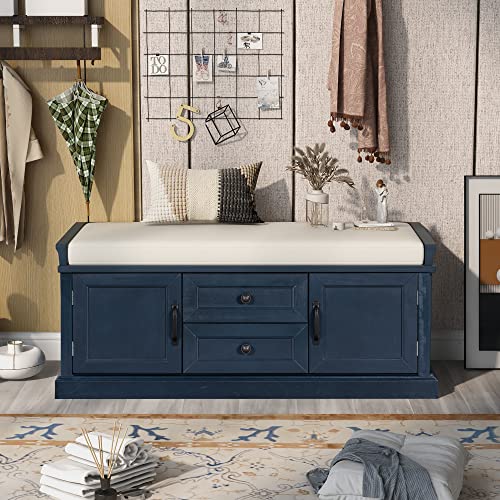 P PURLOVE Wood Entryway Storage Bench with 2 Cabinets and 2 Drawers, Wood Shoe Bench Storage Bench with Removable Cushion for BeadRoom,Hallway, Entryway,Assemble Required - color: Antique Navy, size: with 2 Drawers and 2 Cabinets