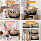 Woof Dog Toy Basket with Handles, Large Dog Toy Storage Bin with Paw Print, Woven Dog Basket for Blankets, Toys, Chews, Pet Toy Box for Nursery, Living Room, Bedroom, 17”x12”x9, Black - color: Black