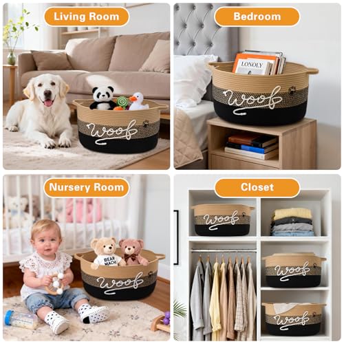 Woof Dog Toy Basket with Handles, Large Dog Toy Storage Bin with Paw Print, Woven Dog Basket for Blankets, Toys, Chews, Pet Toy Box for Nursery, Living Room, Bedroom, 17”x12”x9, Black - color: Black