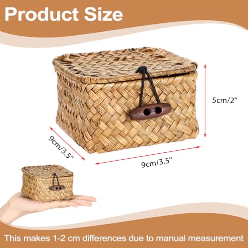 Hipiwe Handwoven Wicker Basket with Lid Desk Organizer for Remote Control Key Glass Coffee Color Seagrass Box for Decoration, Caramel Color 3.5" x 3.5" x 2" - color: Caramel color, size: 3.5" x 3.5" x 2"