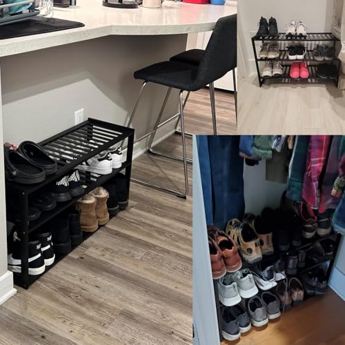 Jripae Bamboo Shoe Rack for Closet, 3 Tier 32.5inch Longer Shoe Organizer Shelf Holder Storage 12-15 Pairs Stackable for Entryway Door Hallway Bedroom Garage Space Saving Foldable Black - size: 3-tier-long/32.5*10.5*17in