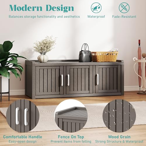 KAMABOKO Shoe Storage Cabinet Waterproof UV-Resistant, Entryway Storage Bench Indoor Outdoor with 3 Barn Doors, Adjustable Shelves for Entryway, Bedroom, Hallway,Living Room(Grey) - color: Grey, size: 3 Door