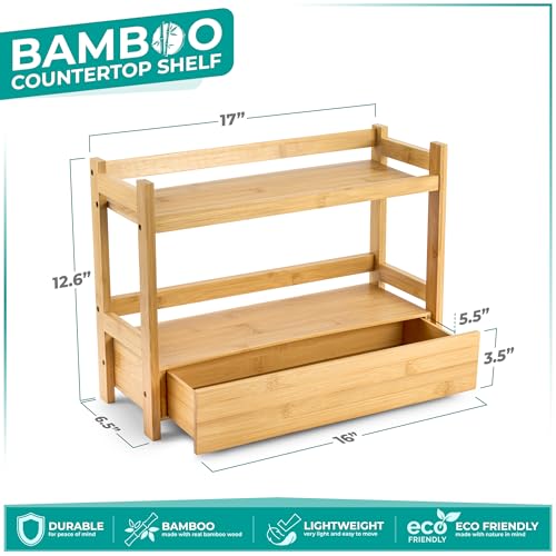 Sorbus Bamboo Bathroom Counter Organizer – 2-Tier Shelf with Hidden Drawer for Vanity, Matcha Station, Bathroom Sink Organizer Countertop, Kitchen & Office Storage (17″ L x 6.5″ W x 12.6″ H) - color: Natural Bamboo, size: 17" x 6.5" x 12.6"