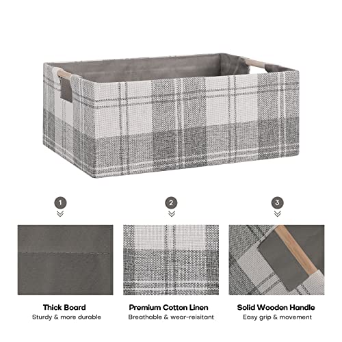 Fabric Storage Bin Box Collapsible Cotton Linen Storage Cube with Wooden Handles Rectangular Decorative Home Organizer Clothes Blanket Basket– Light Gray Plaid, Small - color: Light Gray Plaid, size: Small