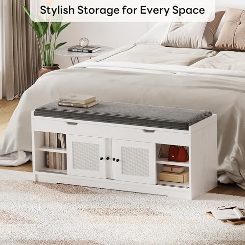 LIKIMIO 47.2" Shoe Bench with Lift Top Storage, Entryway Bench with Cushioned Seat, 2-Tier Rattan Shoe Cabinet with Adjustable Shelf, Storage Bench for Bedroom, Living Room, Hallway, White - color: White