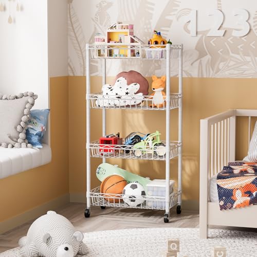 SINGAYE 4 Tier Basket Shelf Wire Shelving Unit Adjustable Storage Shelves Big Basket Rack for Garage Kitchen Office Pantry Corner 17" Dx12 Wx50 H White - color: White, size: 4-Tier[17"Dx12"Wx50"H]