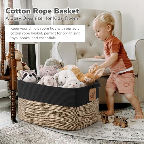 Goodpick Woven Storage Baskets for Organizing 22”x17”x12” Large Blanket Basket for Living Room Bedroom, Rectangle Wicker Storage Basket with Handles, Toy Baskets for Baby Boys, Black & Jute - color: Black Jute, size: 22"L x 17"W x 12"H