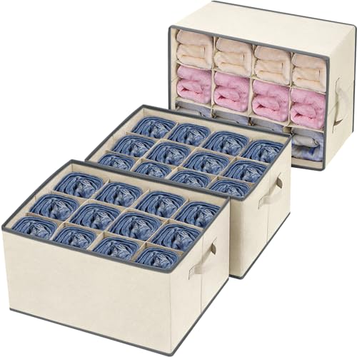 3 Pcs 12 Cell Large Size Pants Organizers for Clothes, Jeans, Sweater, T-shirt, Dress Stackable for Wardrobe Closet Drawer Organizer Storage Bin Container, Beige - color: Beige