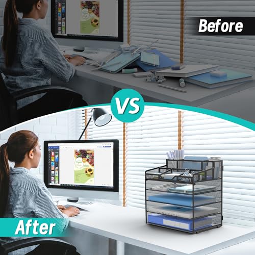 5 Tier Mesh Desk Organizer,Multi Functional Letter Paper Tray with 3 Pen Holders and 5 Adjustable Storage Compartments for Office Supplies Files and Mail Space Saving Desktop Organizer-Black - color: 5 tier-Black