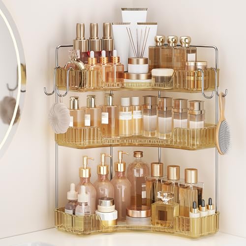 Golden 3-Tier Corner Bathroom Organizer, Countertop Storage Shelf with Hooks | Makeup & Skincare Organizer for Bathroom Sink and Vanity Counter - color: Gold, size: 3 Tier
