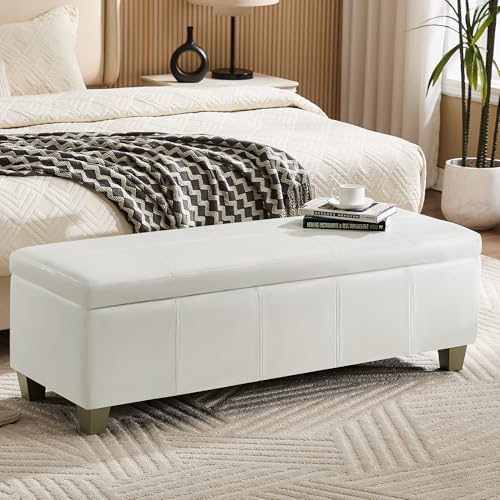 WUTUTUEE 51" Faux Leather Storage Ottoman, Stitch Tufted Rectangle Upholstered End of Bed Storage Bench, Entryway Large Couch Ottoman with Wooden Legs,White - color: White, size: 51 Inch