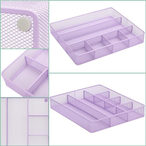 Annova Desk Top Organizer/Storage Tray - Metal Mesh with Dividers for Pens, Desktop Accessories, Bathroom, Kitchen, Makeup and Office Supplies (Large, Light Purple) - color: Light Purple, size: Large
