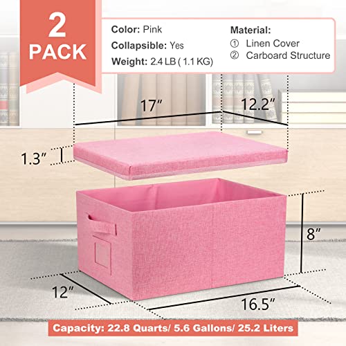 Graciadeco 22.8qt Closet Storage Boxes with Lids Pink Folding Keepsake Storage Bins Stackable Flat Lidded Carboard Storage Contaner for Clothes Barbie Shoes, 2 Pack - color: Pink