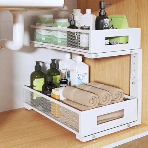 1 Pack 17IN Depth Under Sink Organizer, 2-Tier Pull Out Cabinet Organizer With Smooth Circular Rail, Large Capacity Metal Mesh Sliding Drawers For Bathroom& Kitchen Storage,Height Adjustable –White - color: White, size: 1 Pack-17"Dx11.6"-16.7" H