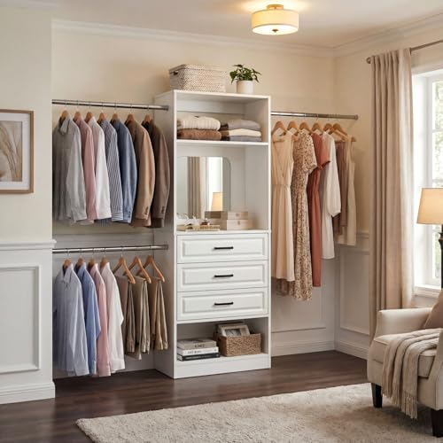 Unikito 48" W - 96” W Closet System with Mirror, 8FT Walk in Closet Organizer Kits with Drawers and 3 Extendable Hanging Rod, Sturdy Wood Clothing Garment Rack with 25” Tower, Max Load 1000 LBS, White - color: White