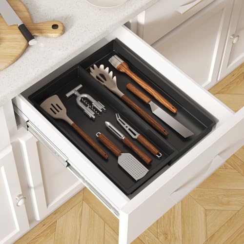 Lifewit Utensil Organizer for Kitchen Drawer, Expandable Cooking Silverware Tray, Adjustable Cutlery Flatware Holder, Plastic Spatula Tools Storage Divider, 12.9 x 16.1", Black - color: Black, size: 12.9*16.1*1.8 inch (2 Slots)