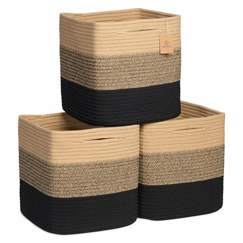 NaturalCozy Storage Cubes 11 Inch Cotton Rope Woven Baskets for Organizing, 3-Pack | Cube Storage Bin | Square Storage Baskets for Shelves Organizer, Classroom, Kids Toy Bins, Closet, Baby Nursery - color: 3-Tone Black & Tan Brown