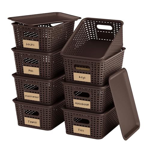 8-Pack Brown Plastic Storage Baskets with Lids, Label Organizers, Stackable Organizer Containers: For Organizing Shelves, Drawers, Desk Closets, Playrooms, Classrooms, Offices - color: Brown