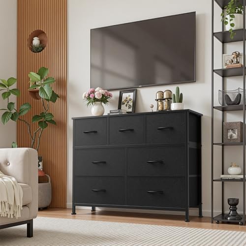 Sweetcrispy 7 Drawer Dresser with Fabric Bins Fabric Storage Tower Organizer for Bedroom Closet Hallway Entryway Tall Chest of Drawers with Steel Frame Wood Top Easy Pull Handles,Black - color: Black, size: 11.8"D x 39.3"W x 30.3"H (7 Drawers)