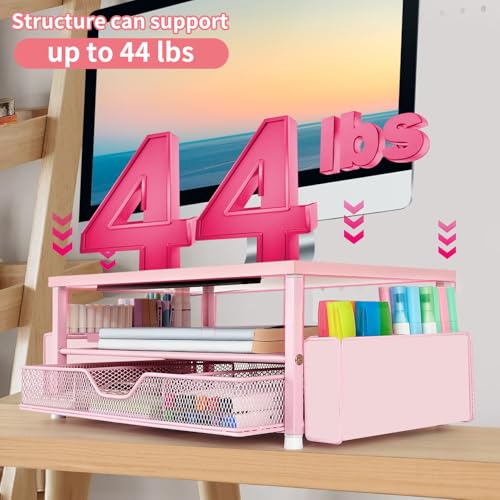 AUPSEN Pink Desk Organizers and Accessories, 2-Tier Wood Computer Monitor Stand with Drawer, Pen Storage & Phone Holder, Office Desk Accessories, Workspace Desktop Organization for Office Supplies - color: Pink Wood