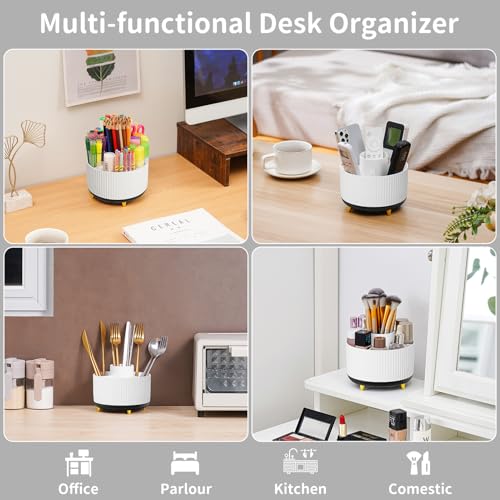 Marbrasse Desk Organizer, 360-Degree Rotating Pen Holder, Desk Organizers and Accessories with 5 Compartments Pencil Holder, Art Supply Storage Box Caddy for Office, Home (White+Black) - color: White+Black