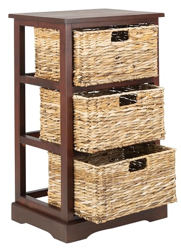 SAFAVIEH Home Collection – Halle Cherry Storage Side Table with Wicker Baskets, Farmhouse Accent Storage, Fully Assembled (AMH5738C) - color: Cherry