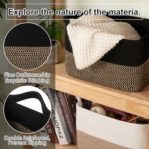 OIAHOMY Woven Storage Basket for Shelves, Rectangle Cotton Rope Baskets for Organizing, 16 x 12 x 10 in, Storage Bins for Dog Toys,Towel,Books,Gift,Black and Brown - color: Black and Brown, size: 16"x12"x10"