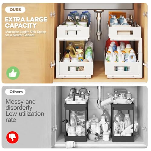 2 Packs 21IN Depth Under Sink Organizer, 2-Tier Pull Out Cabinet Organizer With Smooth Circular Rail, Large Capacity Metal Mesh Sliding Drawers For Bathroom& Kitchen Storage,Height Adjustable –White - color: White, size: 2 Pack-21"Dx11.6"-16.7" H