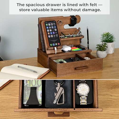 TESLYAR Wood Phone Docking Station with Drawer - Nightstand Organizer - Desk Organizer for Husband - Birthday Gifts for Men, Dad, Anniversary Idea, Key Holder Stand Watch & Accessories (Earth Beige) - color: Earth Beige