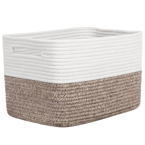 Storage Baskets for Organizing, 14 x 10 x 9” Closet Shelf Woven Baskets, Square Bins with Handles, Cotton Rope Basket for Toys, Clothes, Office, Room, White+Dark brown 1 Pack - color: White+Dark brown, size: 1pc