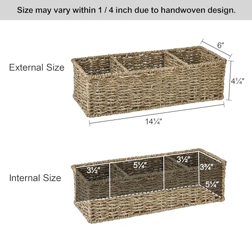 StorageWorks Wicker Toilet Basket Tank Topper, Toilet Paper Basket for Back of Toilet Tank Top, 3-Section Seagrass Storage Baskets for Shelves, 2-Pack - color: Natural (Seagrass), size: 14¼"L x 6"W x 4¼"H