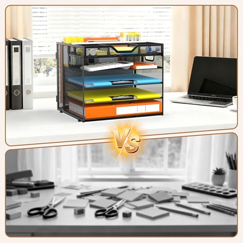 Docnest 5 Tier Letter Tray with Hanging File Organizer-Mesh Desk Organizer-Desktop Storage Box Built in Pen Holder and Handles, File Folder Holder for Mail Documents Office Supplies-Black - color: 5 Tier Hanging File Organizer-black