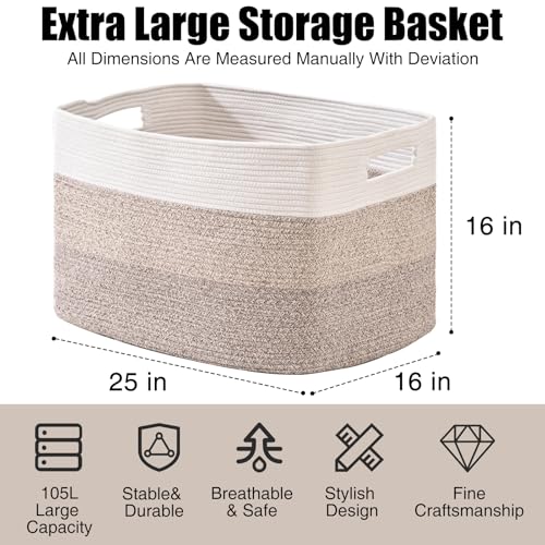 ICERZCZ Extra Large Blanket Basket Living Room, Rectangle Storage Basket, Large Woven Baskets for Storage, Cotton Rope Basket for Toys, Clothes, Gradient Brown - 25”x16”x16” (105L) - color: Gradient Brown, size: 25”x16”x16”