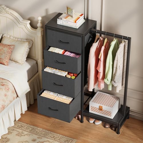 HIGDBFE Dresser with Hanging Rack, 4 Drawers Small Closet for Bedroom, Reversible Fabric Kids Chest of Drawers with Clothes Rack, Tall Storage Tower, Sturdy Frame, Grey, 44''H - color: Grey