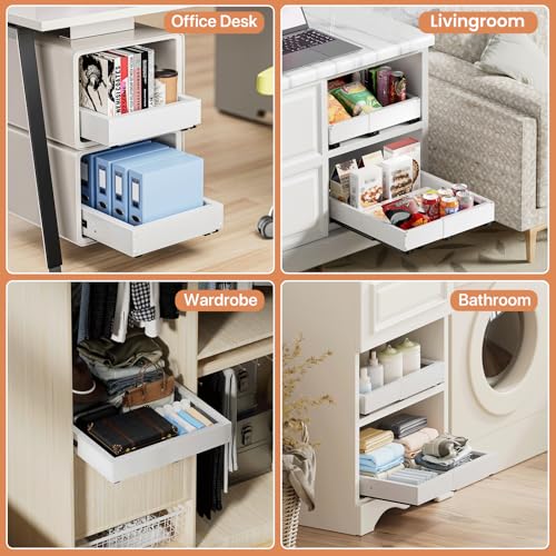 2 Pack Pull out Cabinet Organizer, Width (10"-15") Depth (11"-17"), with 3 Rails Adjustable Slide, Expandable Drawers for Cabinets, No Drill Adhesive Kitchen Drawers for Pantry Shelves white - color: #3 White 2 pack, size: 10"-15"W x 11"-17"D (2Pack White