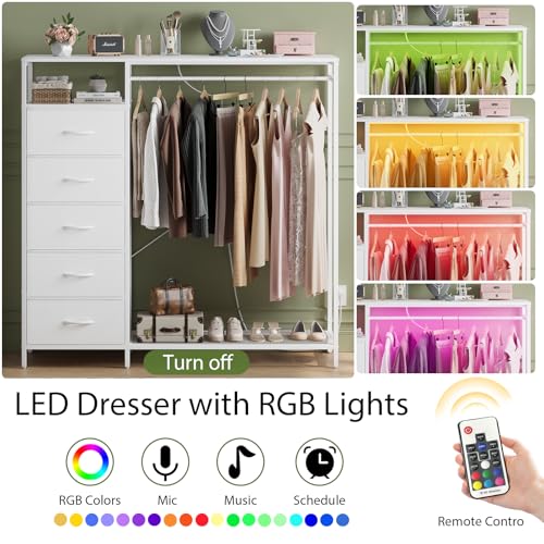 47 Inch White Dresser with LED Lights & Hanging Rack, 5 Drawer Fabric Dresser with Charging Station and Shelves, Tall Closet Organizer for Bedroom Clothes Storage - color: White, size: 11.8"D x 39.4"W x 31.5"H (5 Drawers)