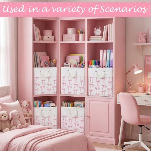 LemonRoad 6 Pcs Pink Bow Cube Storage Bins Square 11.22 Inch Storage Basket with Handle Preppy Girl Organizer Basket Collapsible Fabric Box for Classroom Bedroom Office Home Decoration Gift - color: Pink, size: 11.22 Inch, style: Bow