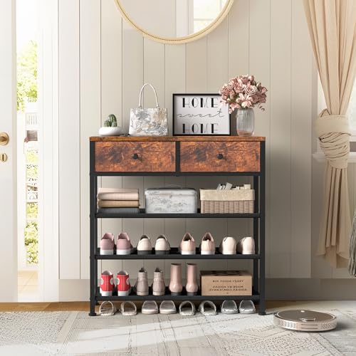usikey Shoe Rack, 4 Tier Shoe Storage Organizer with 2 Drawers, Metal Shoe Shelf for 9-12 Pairs of Shoes, with 3 Oxford Fabric Shelves and Wooden Top, Shoe Stand for Entryway, Rustic Brown UNYXJX012F - color: 4 Tier ( 28.3 X 11 X 29.5 Inches)-rustic Brown