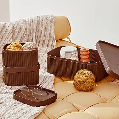 LA JOLIE MUSE Fluted Cardboard Storage Baskets with Leather-Like Lids, Sturdy Stackable Paper Boxes Decorative Tray, Chocolate Brown, Set of 3 - color: Chocolate Brown