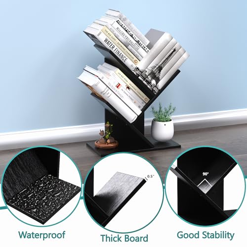 R RUISHENG 3 Tier Small Tree Bookshelf Storage Organizer Shelves Floor Standing Bookcase Desk Wood Storage Rack for Home Office Living Room Bedroom Display for Book Magazine CD Manga Black - color: Black