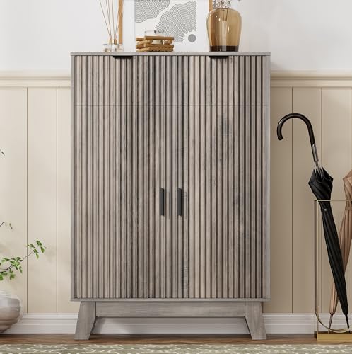 HUANLEGO Shoe Cabinet Storage for Entryway, 4 Tier Fluted Shoe Storage Cabinet with 2 Drawers, Narrow Hidden Shoe Organizer with Adjustable Shelves, Freestanding Shoe Rack for Entryway, Hallway, Grey - color: Grey, size: 4 Tier