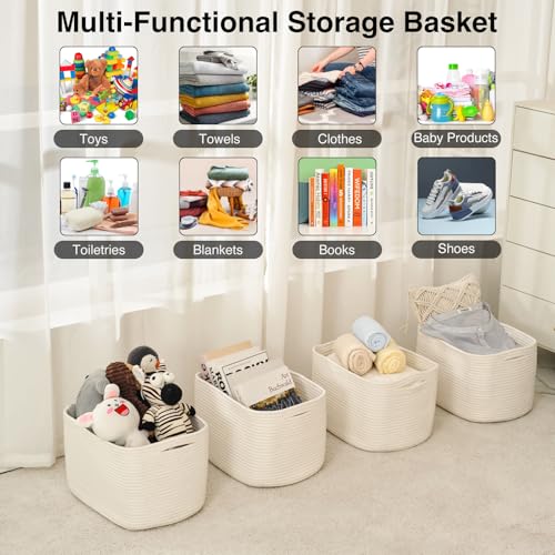 ICERZCZ Storage Baskets for Organizing & Shelves, Woven Cotton Rope Organization Bins for Dog Toys, Clothes, Books, Nursery Organizer, 15" Lx11''Wx9.5''H, (4 Packs) Off White - color: Off White, size: 15"(L)×11"(W)×9.5"(H)