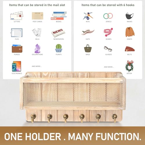 Rebee Vision Pine Wood Mail and Key Holder for Wall – Decorative Key Holder Wall Mount with Hooks & Basket for Entryway – Storage Organizer for Keys, Mail & Sunglasses (Natural) - color: Natural